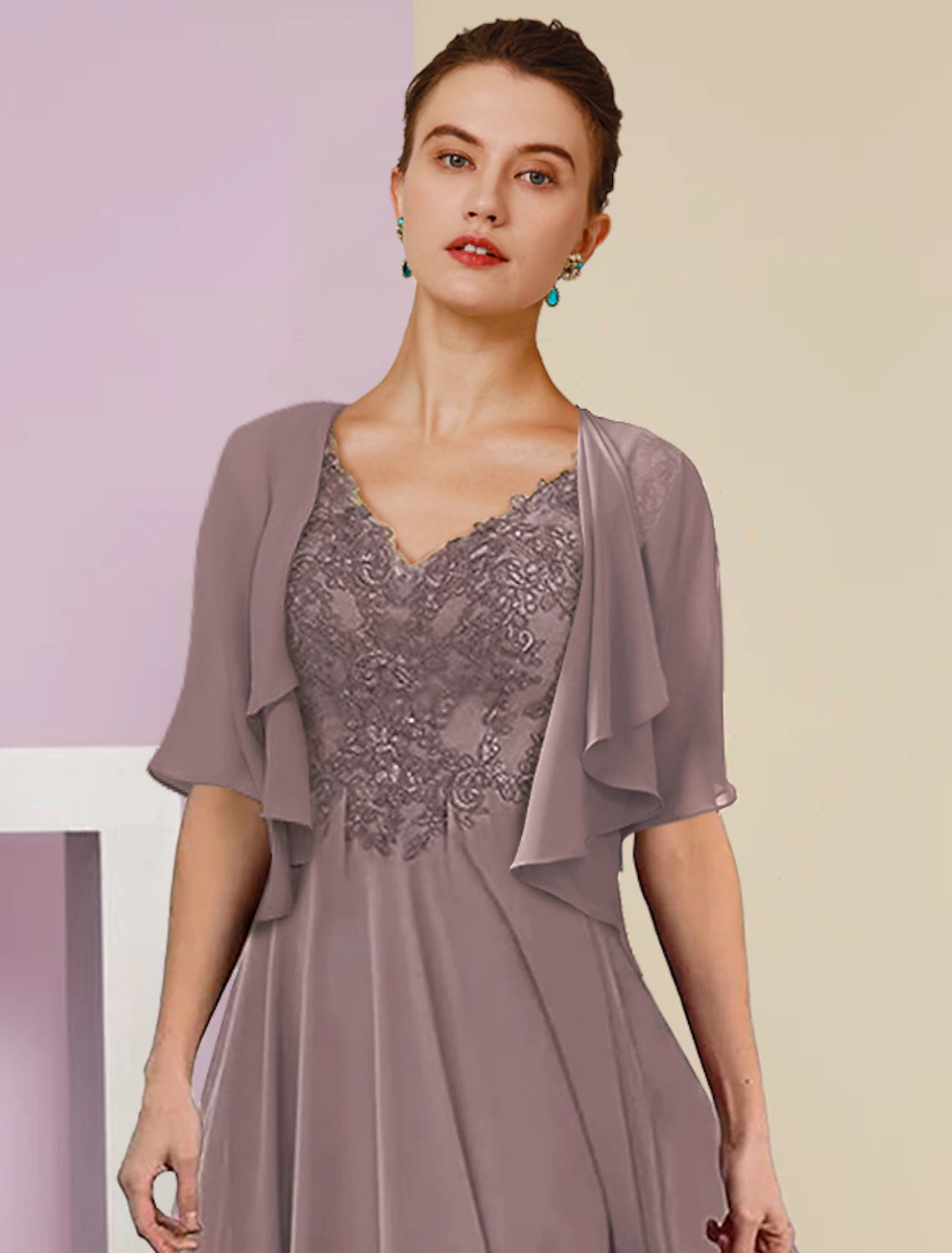Wholesale  Two Piece A-Line Mother of the Bride Dress Formal Fall Wedding Guest Elegant V Neck Tea Length Lace Short Sleeve Wrap Included with Pleats Appliques